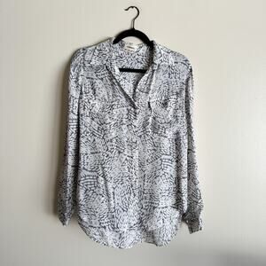 L'Agence Grey + White Printed Button Up Collared Silk Blouse XS Office Business